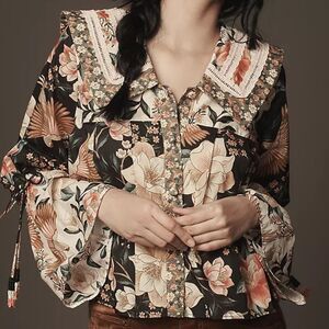 Farm Rio x Anthropologie Embroidered Collared Long Sleeve Blouse